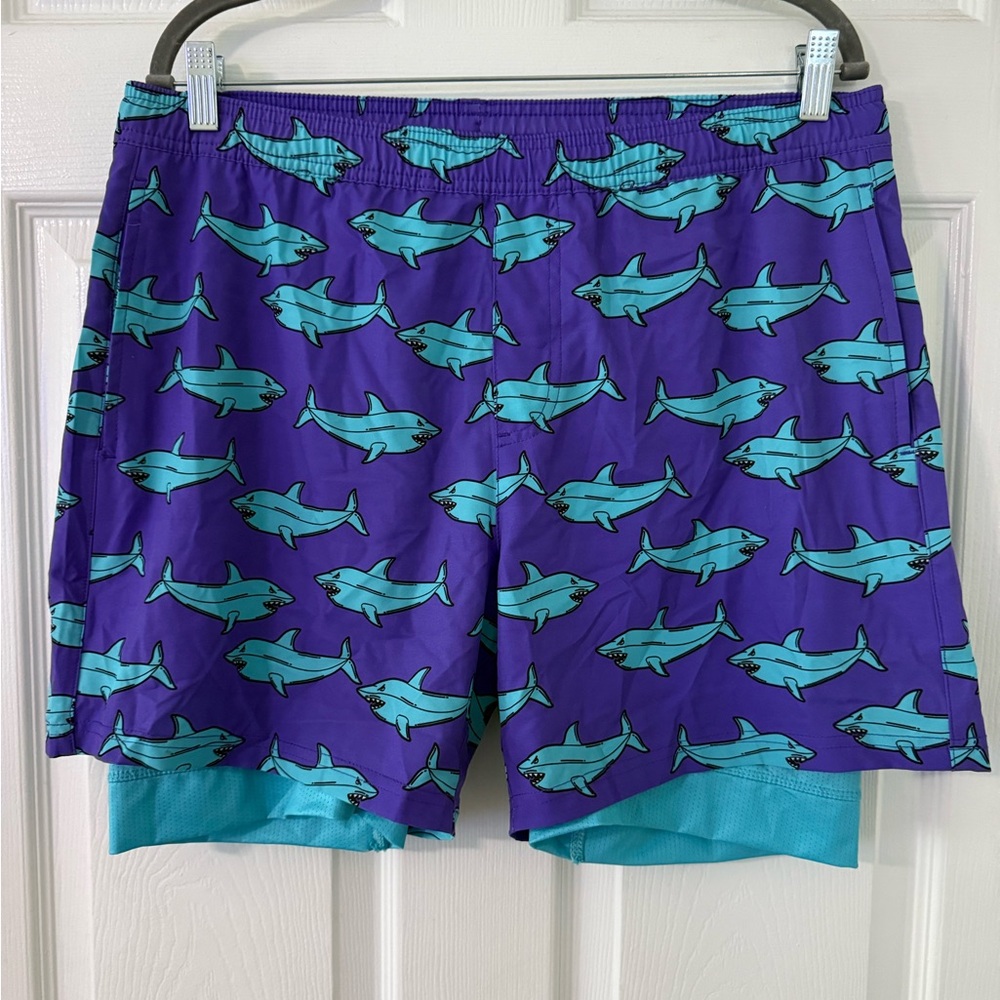 Teal Shark Pattern Men's Swim Board Shorts with compression liner